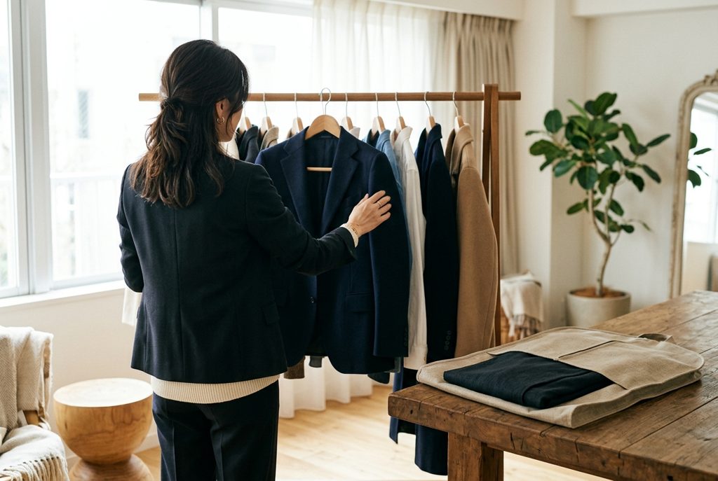 ハンガーのジャケットと貸衣装を前に考える女性