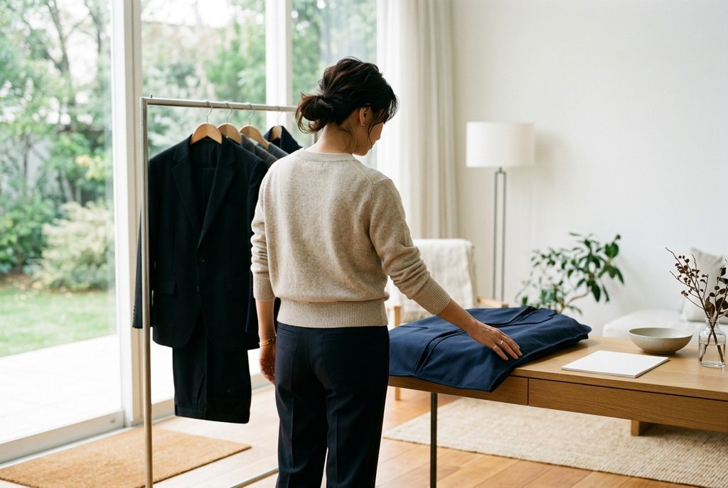 明るい部屋で、ハンガーラックの黒スーツと畳んだ紺スーツを見比べる様子