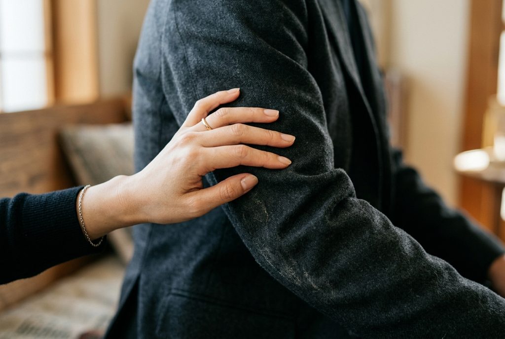 女性の手がスーツの肘部分の生地を触っている様子