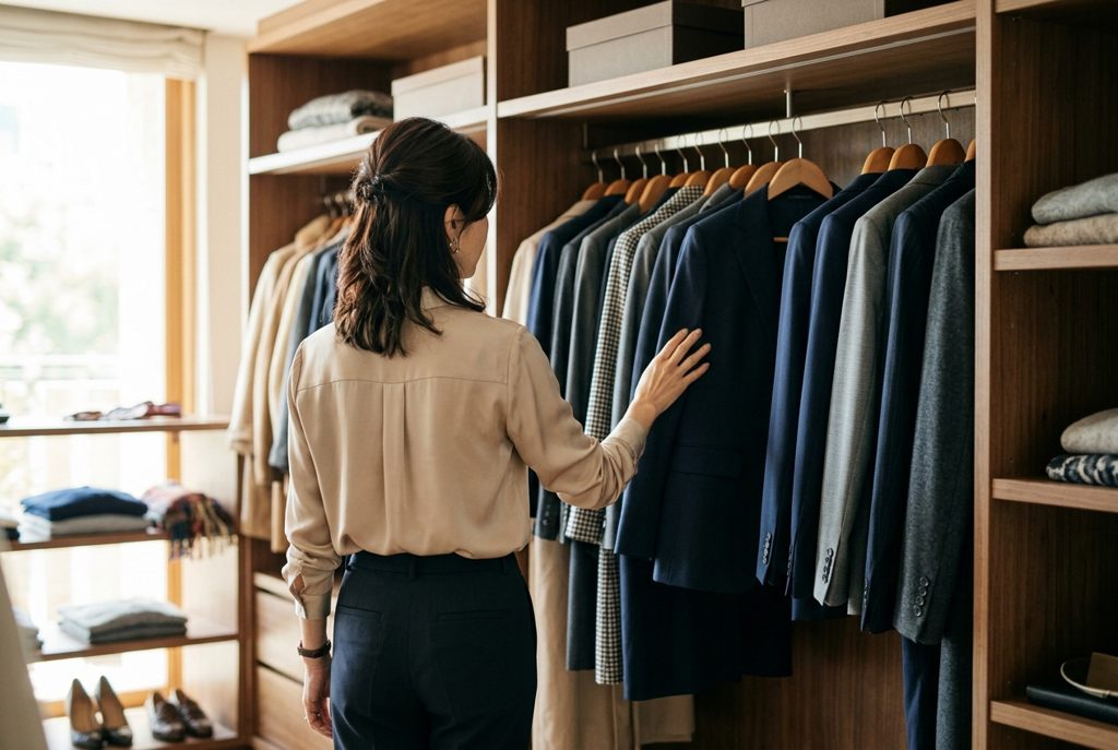 クローゼットでスーツを選ぶ女性の後ろ姿