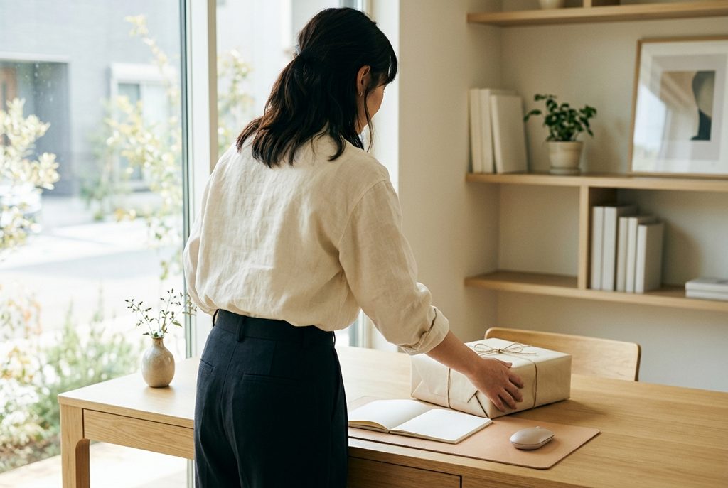 女性がレンタル用の箱を机に置いている様子