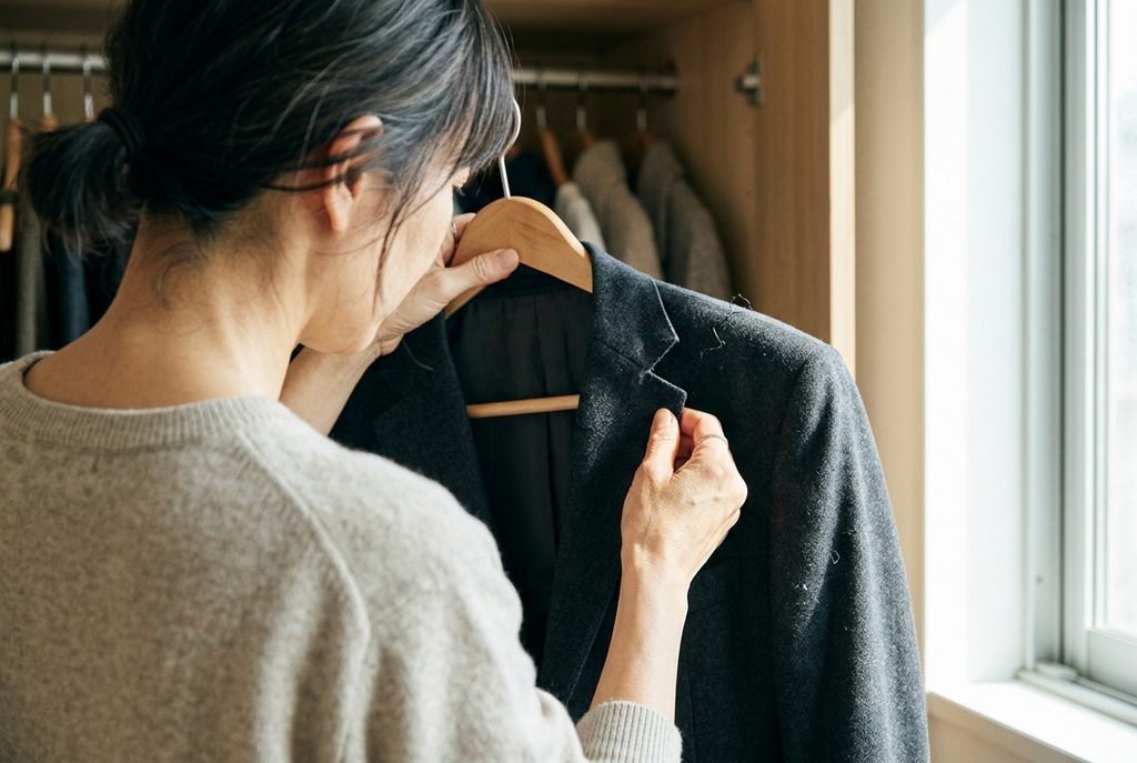 クローゼットでスーツの状態を確認する女性の手元