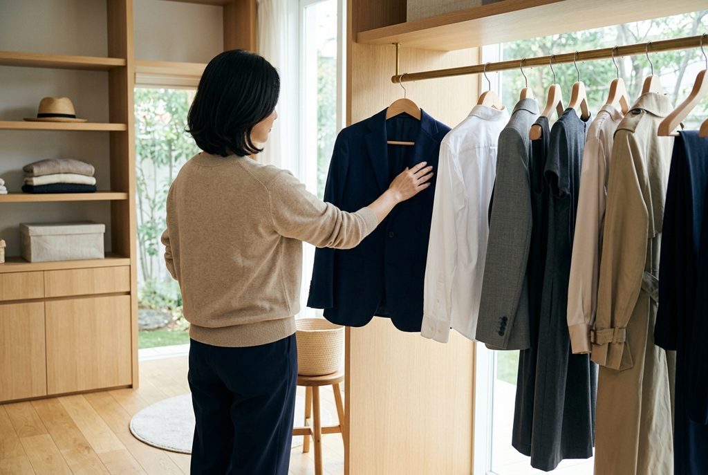 明るいクローゼットでスーツを見つめる女性の後ろ姿