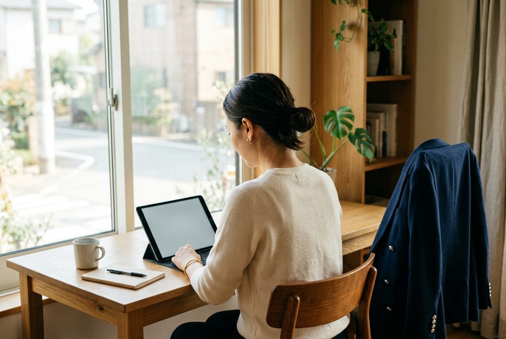 タブレットで服の選択肢を検討する女性