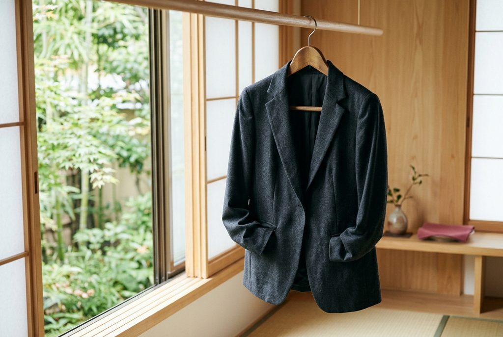 着用後のダークスーツのジャケットが木製ハンガーにかかり、窓辺で休んでいる様子。