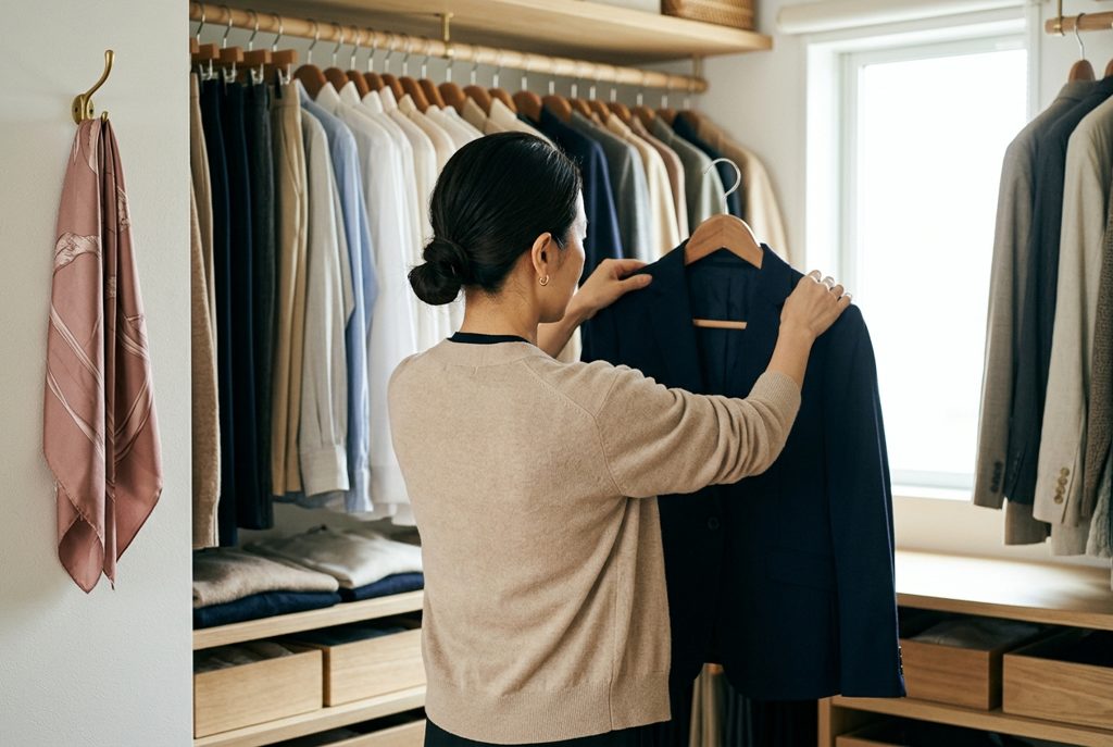 クローゼットで丁寧にスーツを掛ける女性