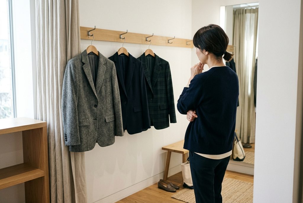 明るい試着室で、3着のスーツジャケットを見比べる女性の背中