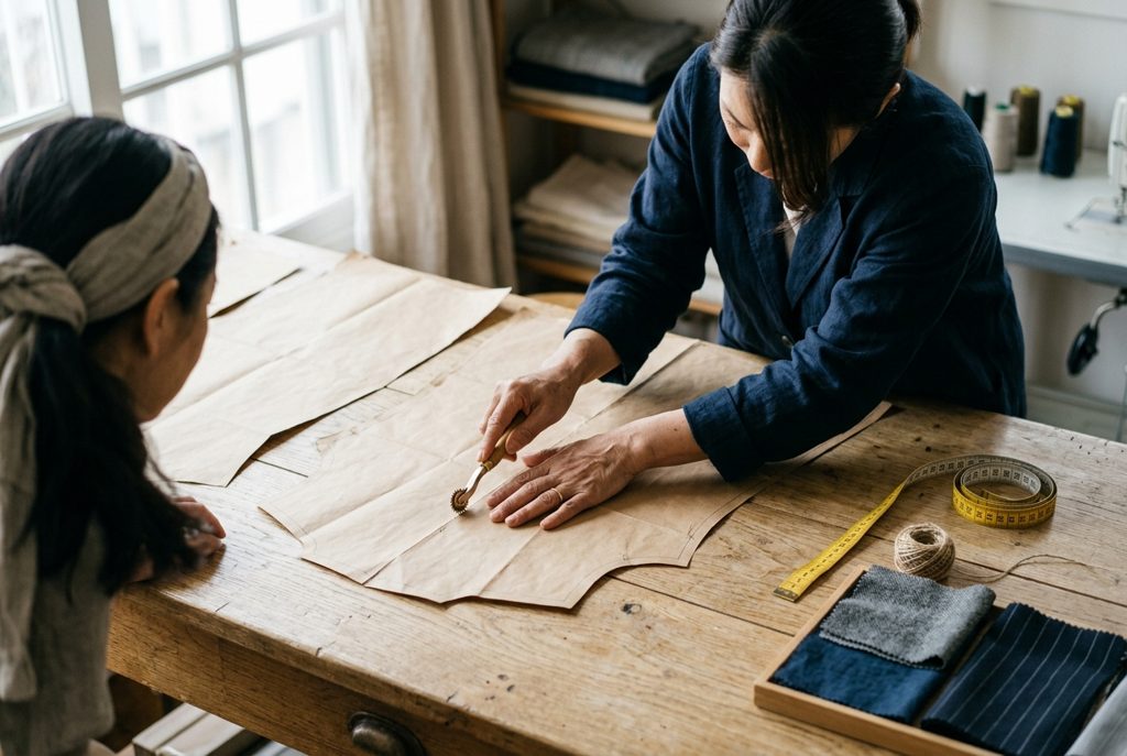 仕立屋の作業台に広げられたスーツの型紙とメジャー