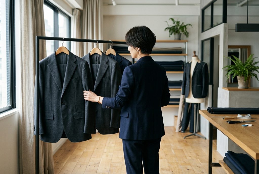 仕立ての良いスーツを比較検討する女性
