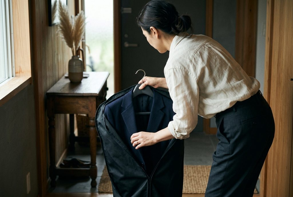 玄関でスーツを取り出す女性の後ろ姿