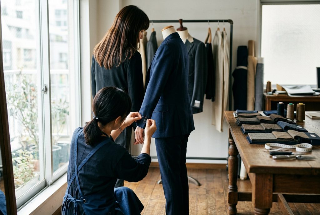 オーダースーツの仮縫いで調整を受ける女性