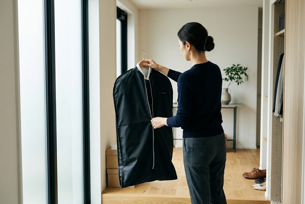自宅の玄関でレンタルスーツのガーメントバッグを開ける女性