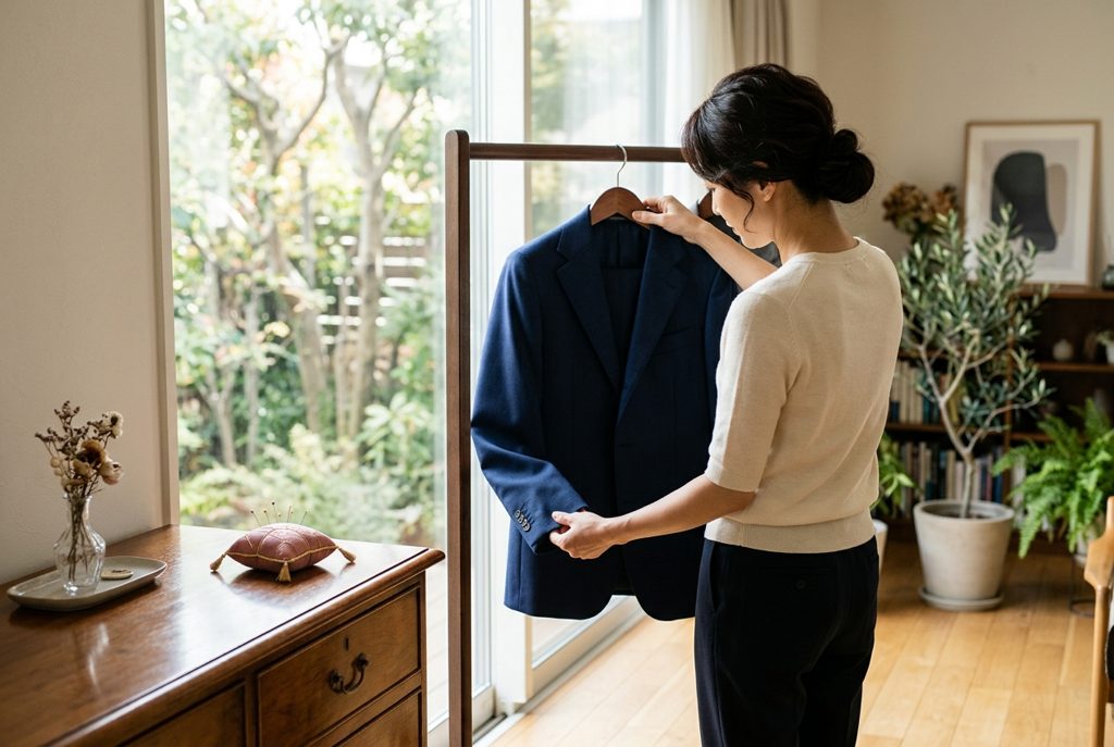 窓辺で仕立てたスーツの袖を点検する女性と針山