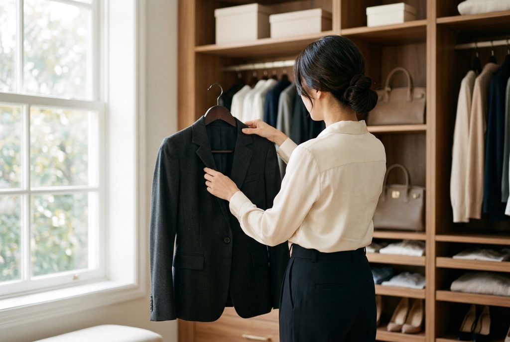 クローゼットでスーツの生地を触る女性の手元