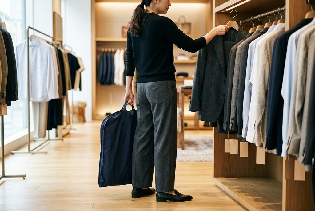 店内で古いスーツを持つ女性と新しいスーツ