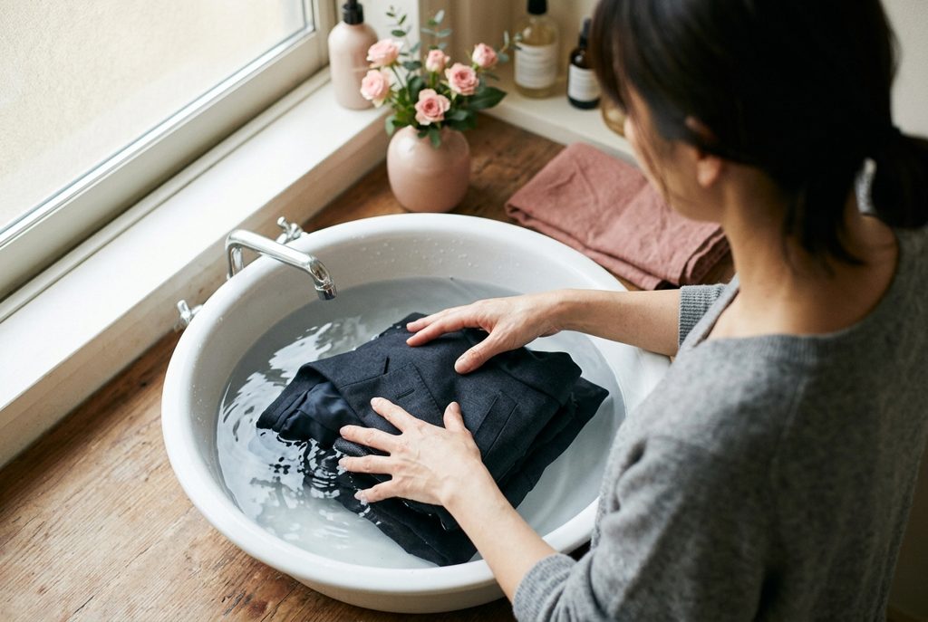 スーツを手洗いする女性の手元