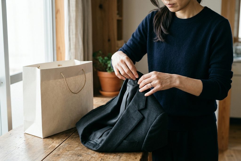 丁寧にスーツをたたむ女性の手元