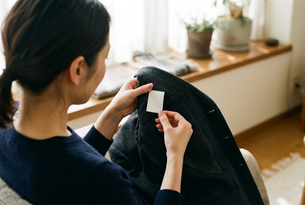 スーツの洗濯表示を確認する手元