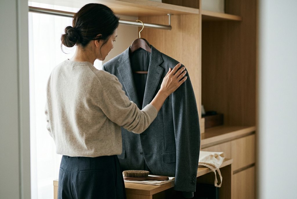 スーツの肩を丁寧に確認する女性の後ろ姿