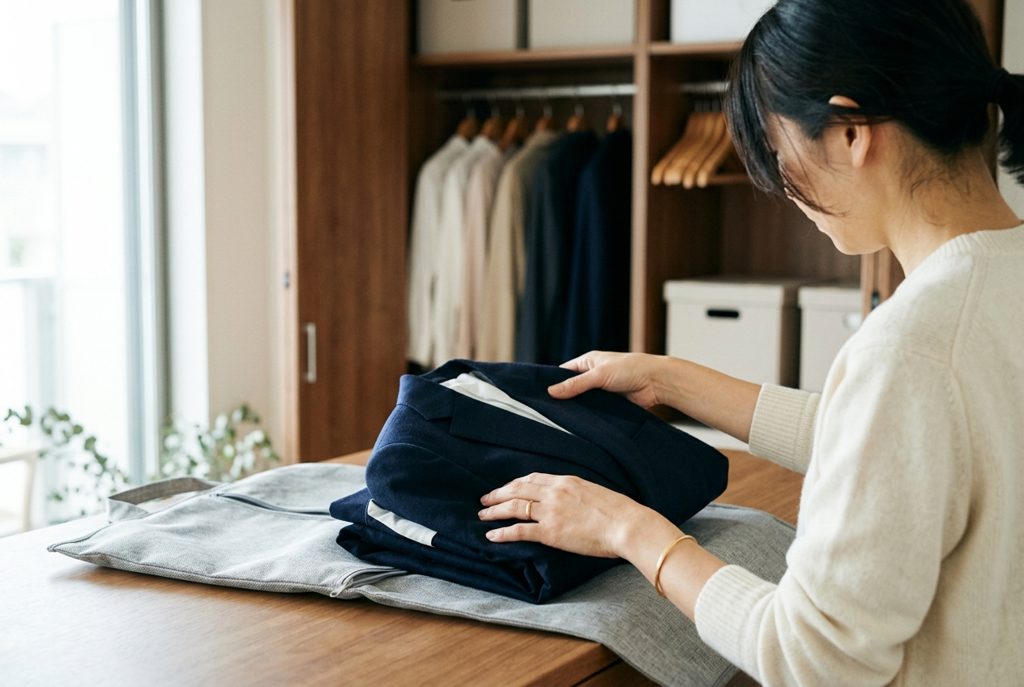 レンタルスーツを返却準備する女性の手元