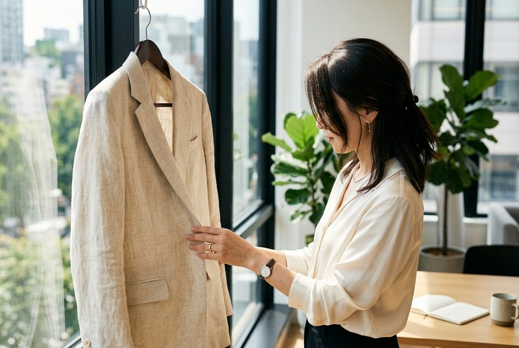 窓辺で夏のジャケットに触れる女性