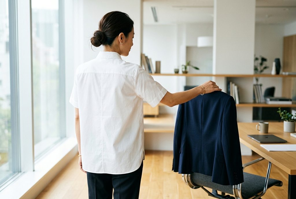 オフィスで半袖シャツ姿で椅子にかかるジャケットを見る女性