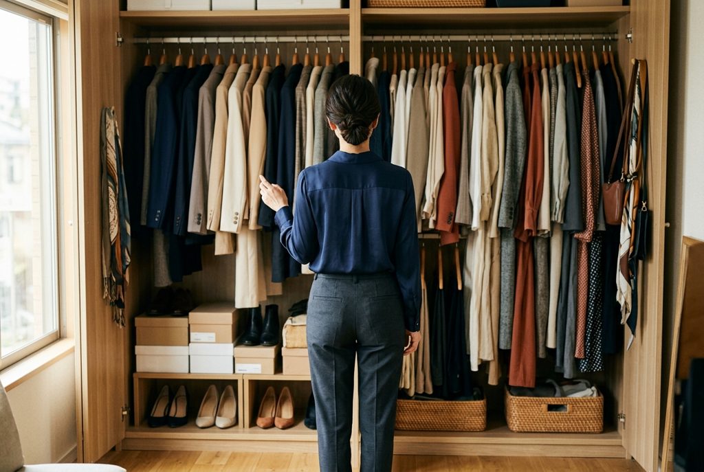 クローゼットの前で服を眺める女性の後ろ姿