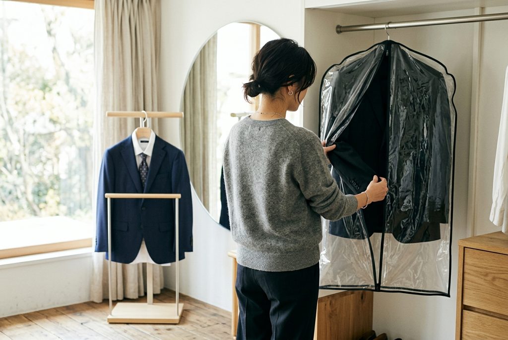 明るい部屋で、女性が男性用スーツの2つの選択肢を見比べている