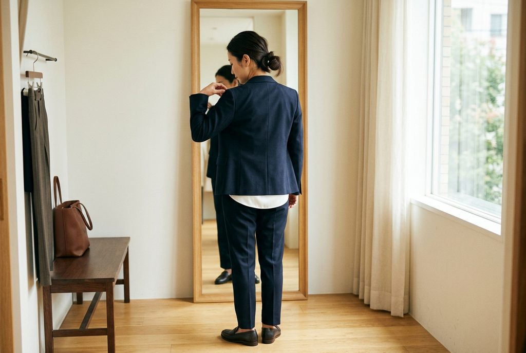 試着室でスーツの肩を直す女性の後ろ姿