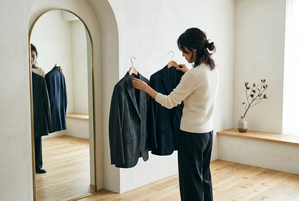 明るい試着室で、女性が2着のスーツを比較している様子。