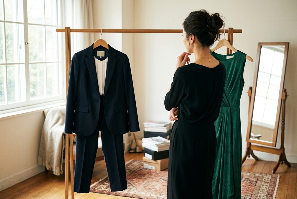 用途に合わせて服を選ぶ女性