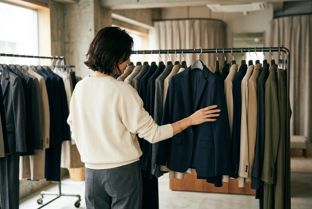 スーツが並ぶラックに手を伸ばす女性
