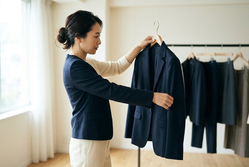 スーツの袖を合わせてサイズを確認する女性