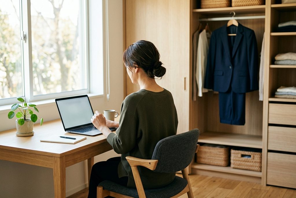 デスクで働く女性とクローゼットのスーツ