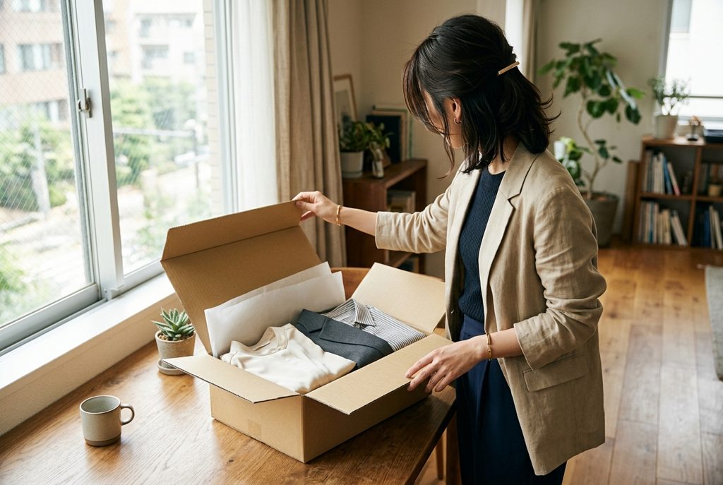 窓から光が差し込む部屋で、女性が衣類が収められた箱を開けている。
