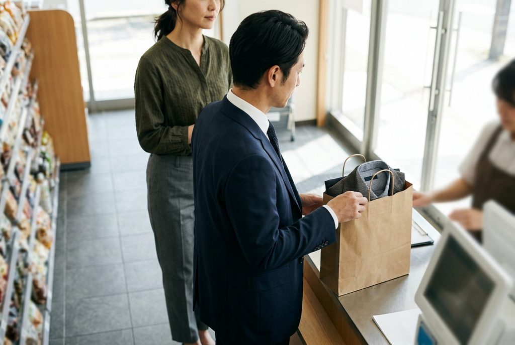 コンビニで服を返却する男性と女性