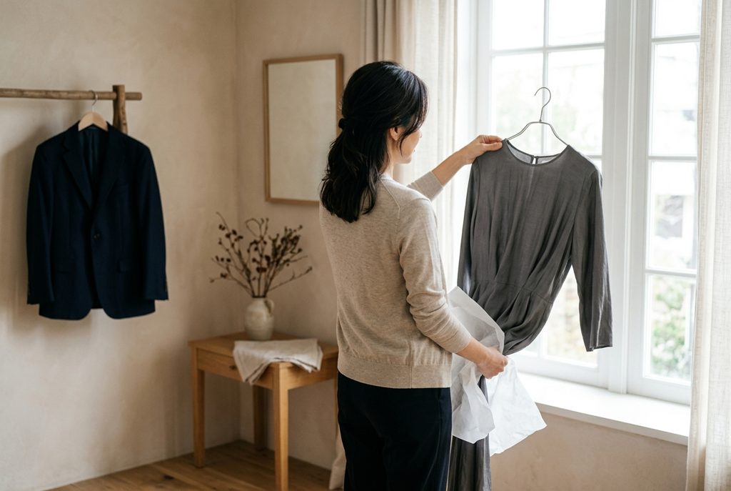 届いた服を広げる女性と、背景のスーツジャケット