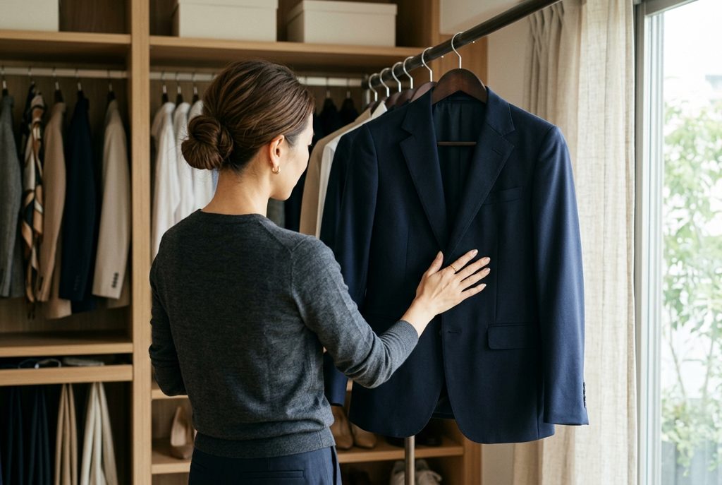 クローゼットで紺色のスーツを点検する女性