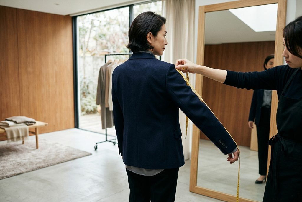 試着室でスーツのサイズを確認している女性と店員の手元