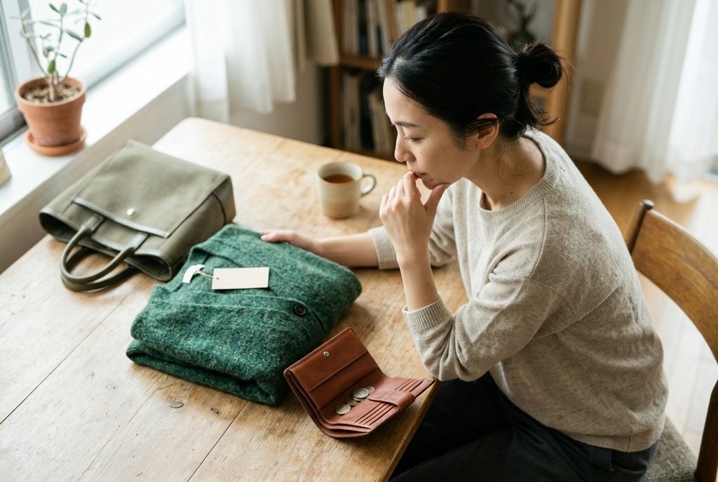 財布を開いて考える女性と未使用の服