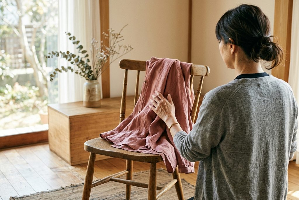 窓辺で椅子にかけられた服に触れる女性の後ろ姿