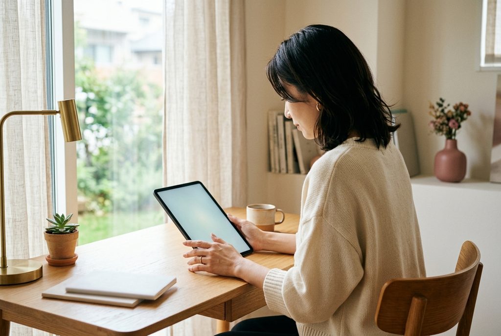 タブレットを操作し、内容を確認する女性の手元
