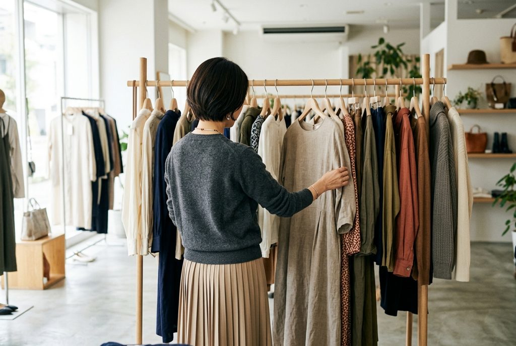 アパレルショップで服を選ぶ女性の後ろ姿