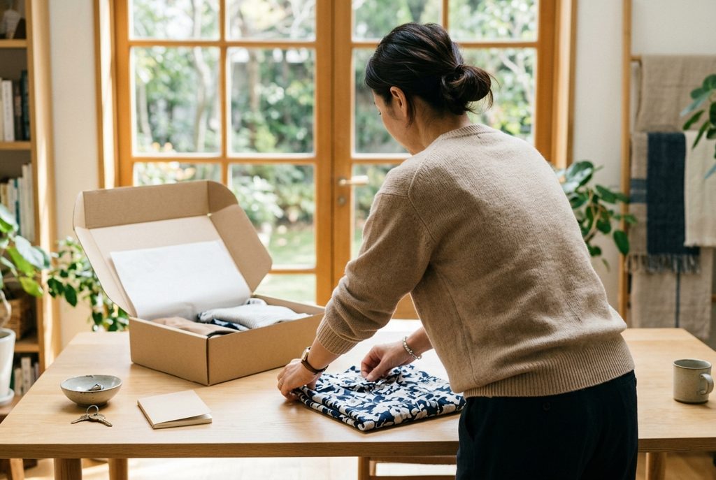 返却のために服を畳む女性の手元