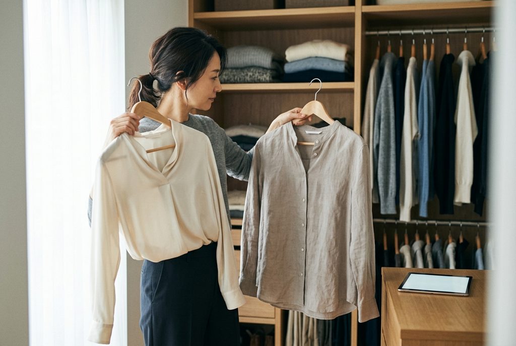 服を選び比較する女性と、タブレット