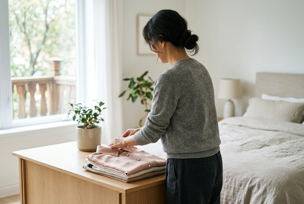 部屋で上品なブラウスをたたむ女性の手元