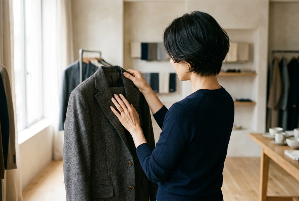 陽光差す部屋で服の質感を確認する女性