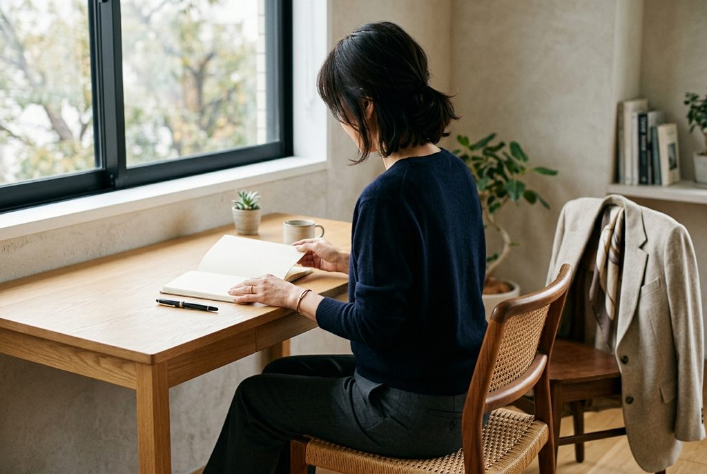 デスクでノートを開く女性と、椅子にかけられた服