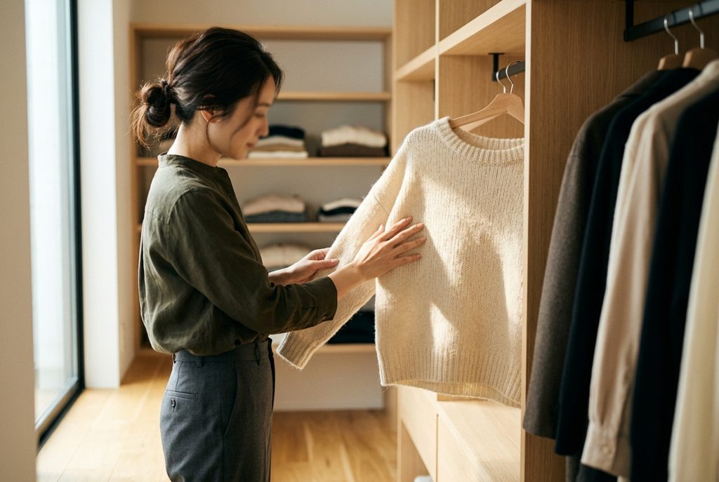 クローゼットで一枚のニットに触れる女性