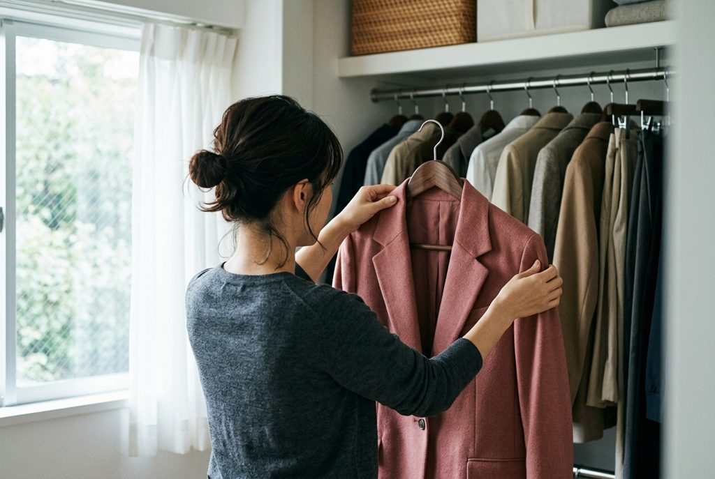 ローズ色のジャケットをハンガーにかける女性の後ろ姿